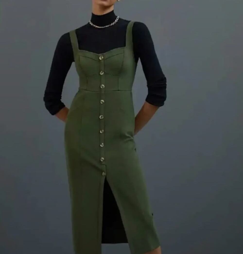 Maeve Anthropologie Olive Green Button-Front Midi Dress Size 2